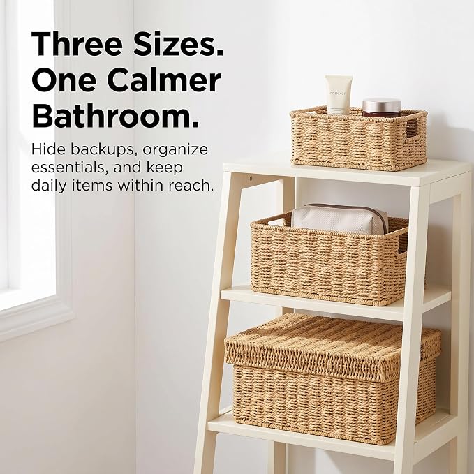 Wicker Storage Basket with Lid for Shelves, 3-Basket Set, Natural | One rectangular wicker basket with lid and two open baskets for decorative shelf storage; removable lid flips into a tray. - Image 4