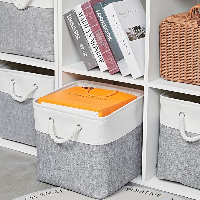 MidmmVick 12 x 12 Inch Cube Storage Bins, 6 Pack Large Collapsible Fabric Storage Bin with Ropes, Foldable Storage Cubes for Home, Office,Closet, Clothes, Toys Organizer (White & Grey) - Image 3