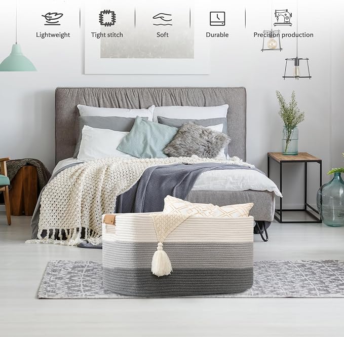 Large Woven Basket 25’’*16’’*16’’ 108L Woven Baskets for storage Baby Laundry Hamper, Cotton Rope Boho Decorative Storage Bin for Living Room, Nursery, Clothes, Pillows Gradient Grey - Image 8