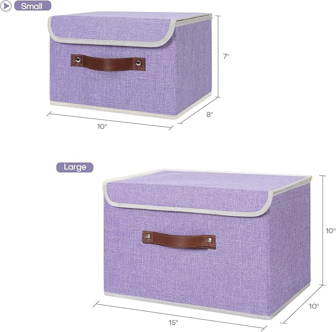 ANMINY Fabric Storage Box Bins with Lids, Purple, 10"x8"x7" | Keepsake Memory Storage, Cotton Linen, PP Board Reinforced, Washable, PU Handles, Foldable & Stackable, Decorative, Small - Image 5