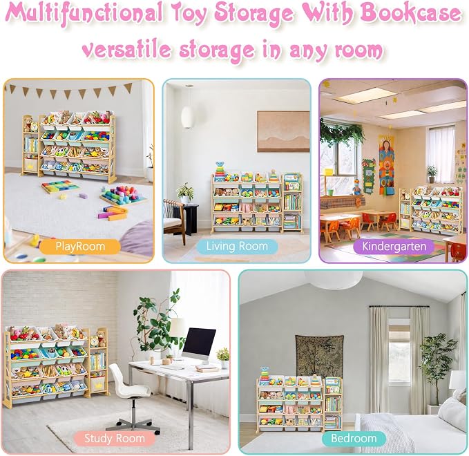 Kids Toy Storage Organizer with Bookshelf – Wooden Shelf with 16 Bins & 3 Shelves, Quick Assembly Storage Rack for Playroom, Bedroom, Nursery– Colorful - Image 7