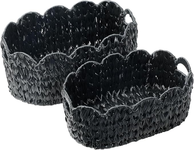Coeusy Wicker Scalloped Basket Set of 2,Woven Storage Baskets for Shelves,Closet,Laundry,Gift,Towels,Books,Toys,Waterproof Decor Basket for Organizing,Black Oval - Image 8