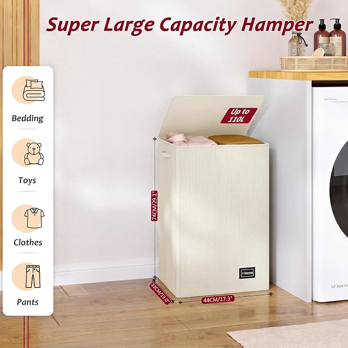 110L Laundry Hamper with Lid, Reinforced Sturdy Large Laundry Hamper with Handle and Lid, Collapsible Clothes Basket Organizer with Removable Liner Bag, Tall Dirty Clothes Bin for Dorm Bedroom - Image 2