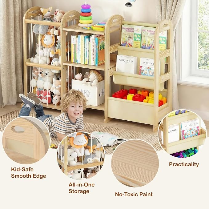 Kids Bookshelf and Toy Storage Organizer, 3-Tier Book Shelf with Stuffed Animal Storage, Kids Toy Book Storage for Bedroom Playroom, Wooden Toy Organizer with 3 Shelves, 49.4" W - Image 4