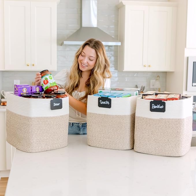 NaturalCozy 13x15x13 Kallax Storage Cubes Bins, 3 Pack | Cotton Rope Cube Storage Bin Woven Baskets for Organizing | Kallax Insert Storage Baskets for Shelves Organizer, Kids Toy, Closet Baby Nursery - Image 4
