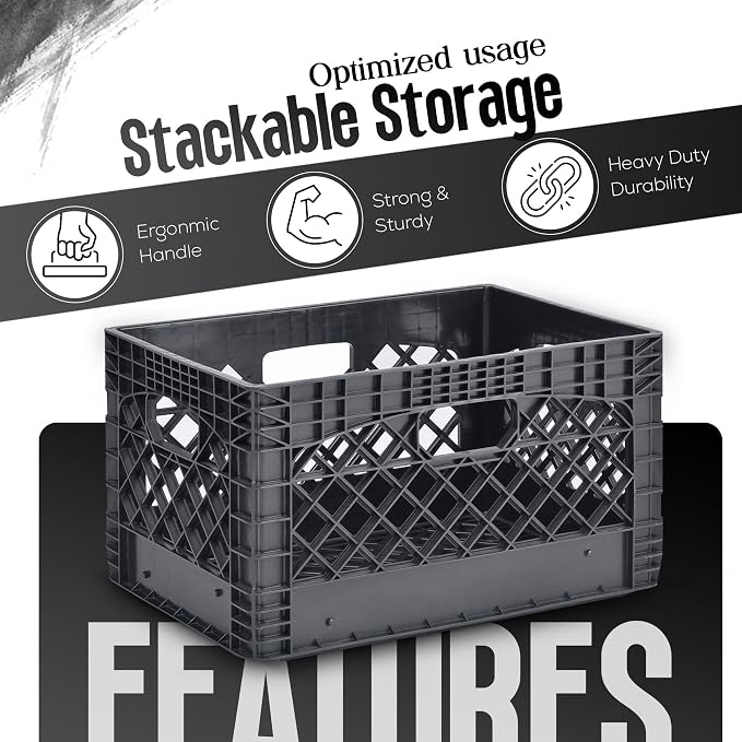 Juggernaut 6 Pack 24 Quart Storage Crate, Milk Crate Plastic Basket | 4 Handles, Organizer Bins for Office Storage & Classroom Organization, Black - Image 3