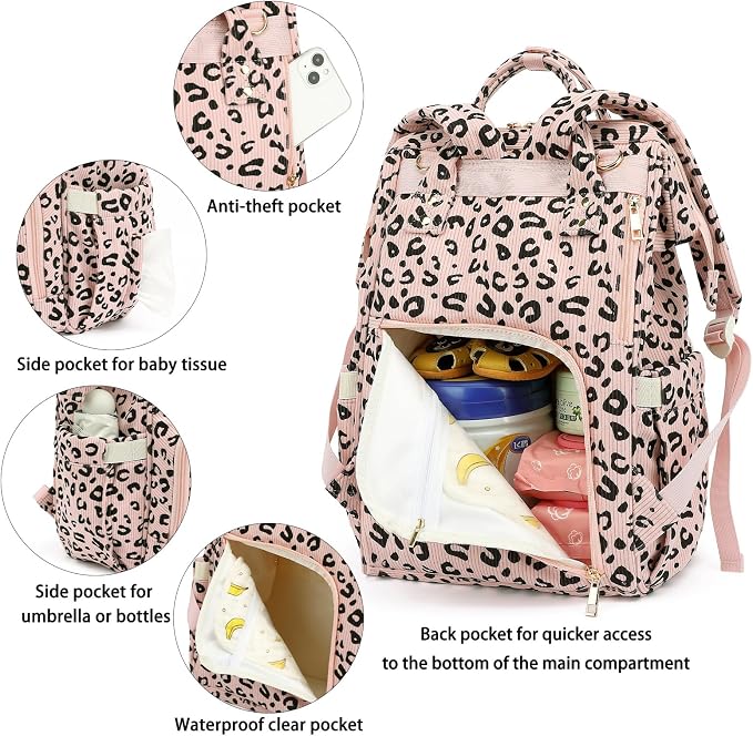 Corduroy Diaper Bag Backpack for Baby Girls Boys, Women Large Nappy Bags for Mom (Pink Corduroy Leopard) - Image 4