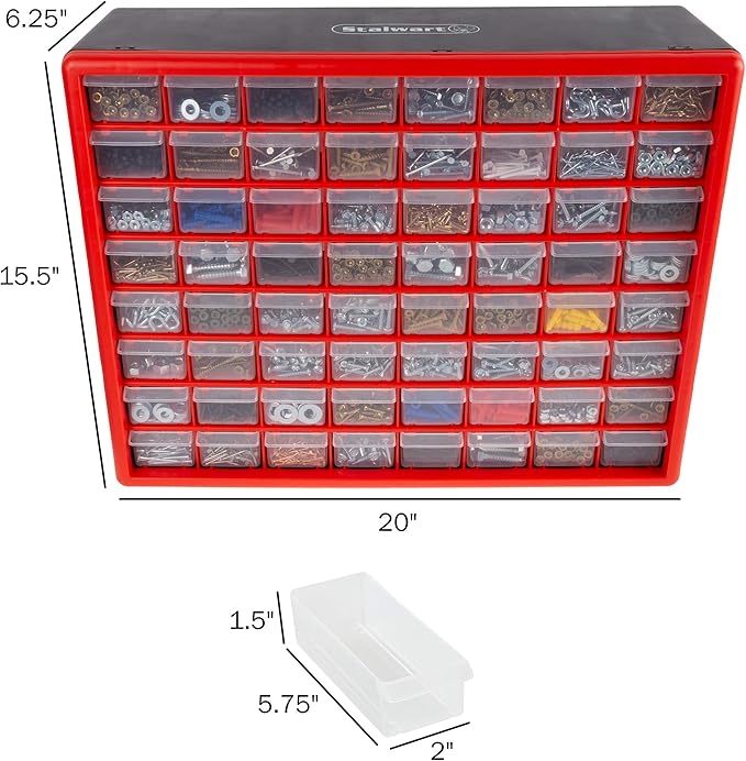 64-Drawer Storage Organizer - Plastic Drawers for Organization - Desktop or Wall-Mounted Container for Hardware, Tools, and Beads by Stalwart (Red) - Image 3