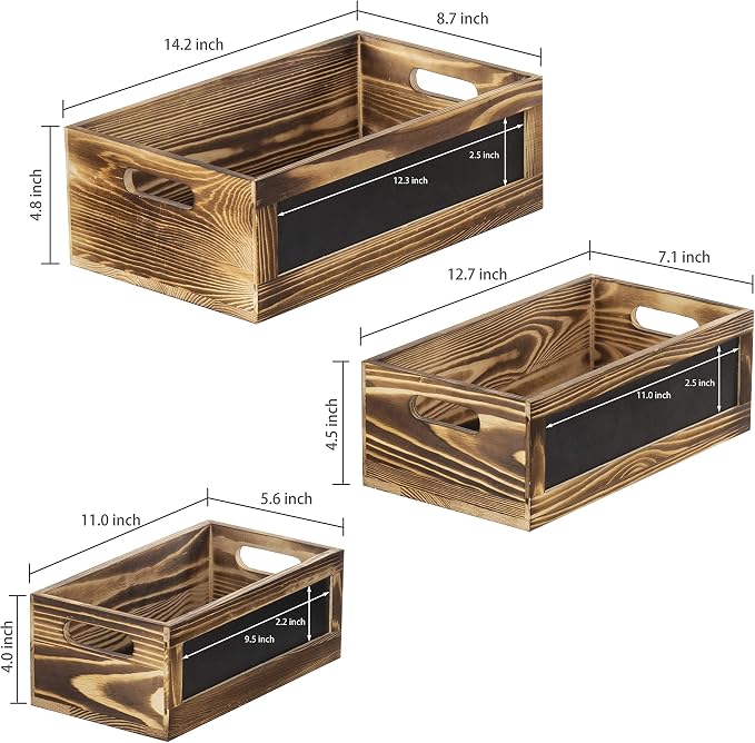 MyGift Rustic Burnt Wood Nesting Storage Bins with Chalkboard Panel and Cutout Handles, Decorative Farmhouse Wooden Stackable Open Top Boxes, 3 Piece Set - Image 6