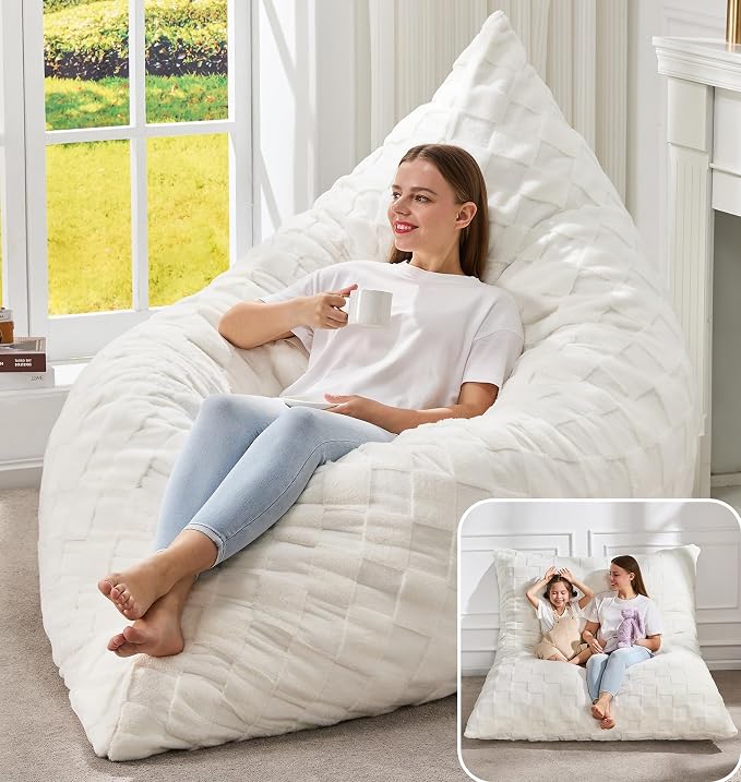 Hobestluk Adult Bean Bag Chair 3 in 1 Convertible Large Bean Bag Sofa | Plaid White,Machine Washable,Removable Cover,Easy Convert And Install, Oversied Floor Bed,For Livingroom Bedroom - Image 6
