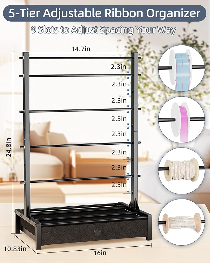 Ribbon Organizer with Fabric Drawer, Adjustable 5-Tier Ribbon Holder Rack | Stores Gift Wrap Ribbons, Craft Supplies, and Wrapping Tools with a Stable Metal Design for Easy Organization - Image 2