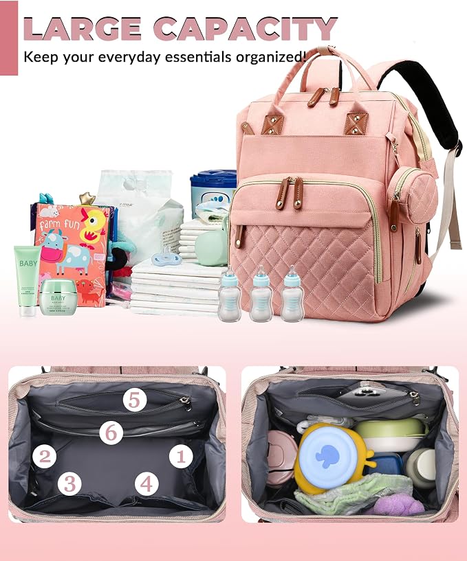Diaper Bag with Changing Station, Waterproof 3 in 1 Diaper Backpack with Foldable Changing Pad, Large Travel Backpack for Mom & Dad, Baby Gift for Girl & Boy,Pink - Image 5