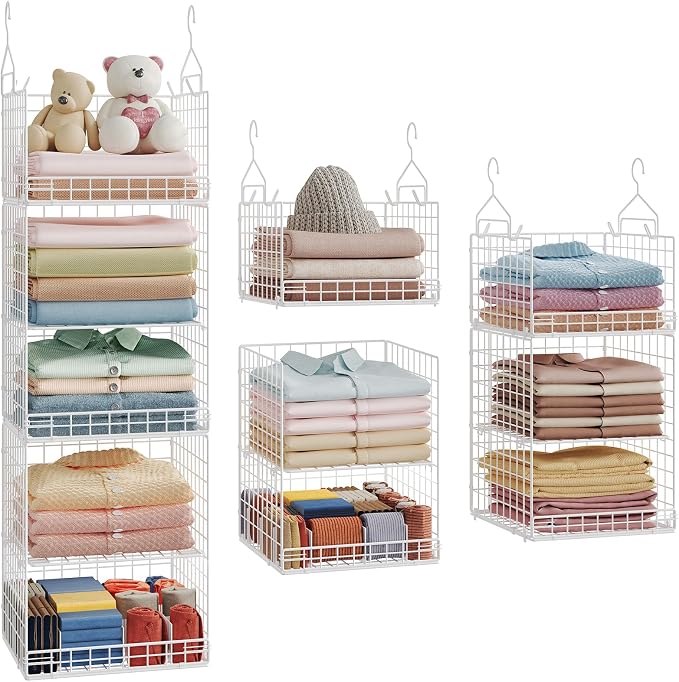 Yuyetuyo ﻿5 Tier Hanging Closet Organizer Separable Hanging Closet Shelves with 4 Hooks 2 Adjustable Dividers, Wire Storage Basket Bins for Clothing Sweaters Socks Dolls Handbags, Foldable by Yuyetuyo