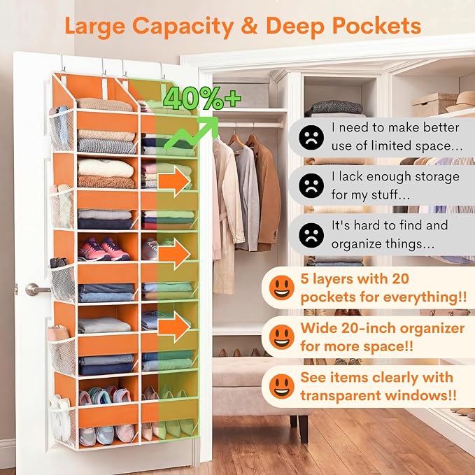 Over The Door Organizer 5 Tiers, Extra Large Behind Door Storage of 10 Compartments, 80 lbs Weight Capacity Hanging Storage Organizer with Clear Window Kids Toys,Shoes,Diapers,Room Storage,Orange - Image 2