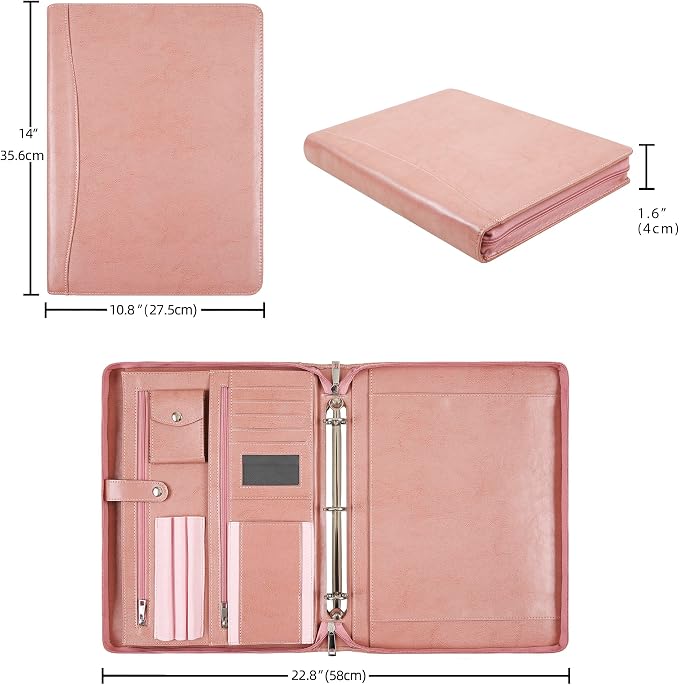 Pink Leather Padfolio for Women, Business Leather Binder 3 Ring Portfolio, Personalzied Leather Portfolio Binder, Zippered Portfolio Organizer for A4 Letter Size Notepad & 13-inch Laptop/Tablet - Image 2