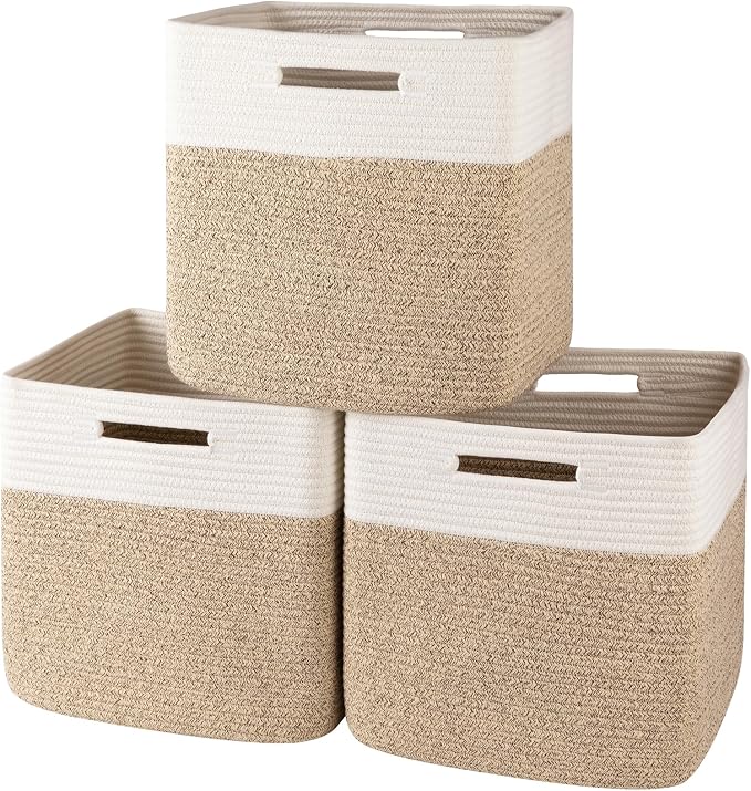 OIAHOMY 13 Inch Cube Storage Bins, 3-Pack Cotton Rope Woven Baskets for Organizing, Insert Storage Baskets for Shelves, Baby Nursery, Closet Organizer, 13 * 13 * 12.6IN, Brown & White by MasterofSpaceOptimization