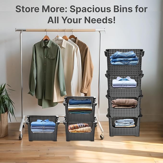 Large Stackable Storage Bins Open Front for Pantry Storage, 4 Pack - Black | Sturdy Plastic, Easy Stacking, Open Front Access, Ventilated Sides, Vertical & Space Saving Pantry Organizers and Storage Bin - Image 5