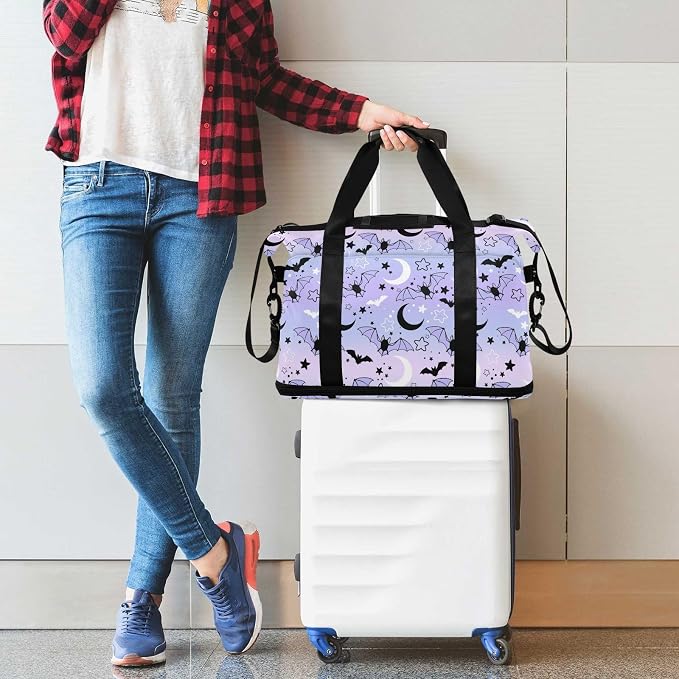 Travel Duffel Tote Bag Bat Starry Sky Sports Duffel Bag with Wet Pocket Weekender Overnight Bag for Women Men Gym Bag, Carry On Bag Hospital Bag for Labor and Delivery - Image 6