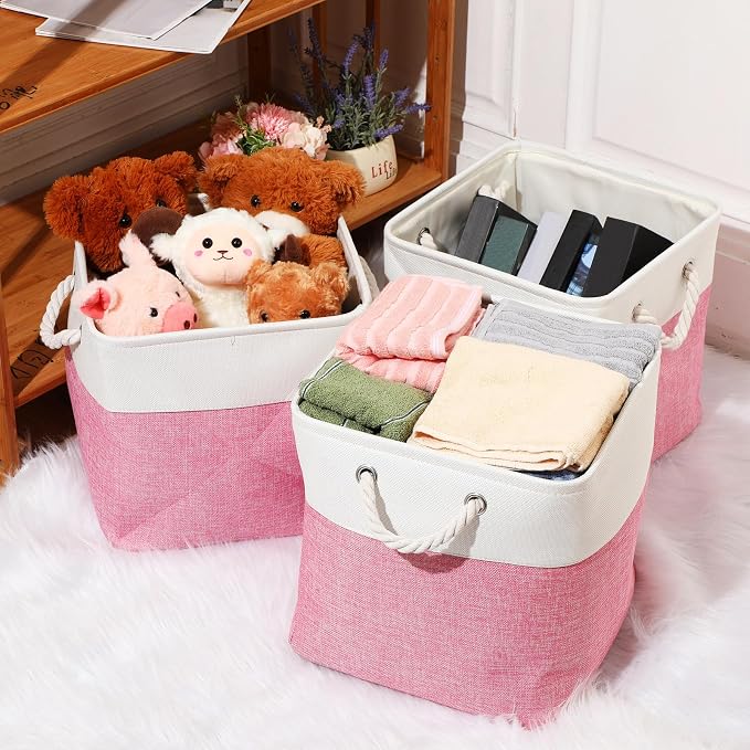meekoo 8 Pack Collapsible Storage Bins Fabric Storage Bins Polyester Fabric Baskets with Handles Linen Closet Organizer for Shelf Home Closet Towels Toys(12 x 12 x 12 in,Pink White) - Image 4