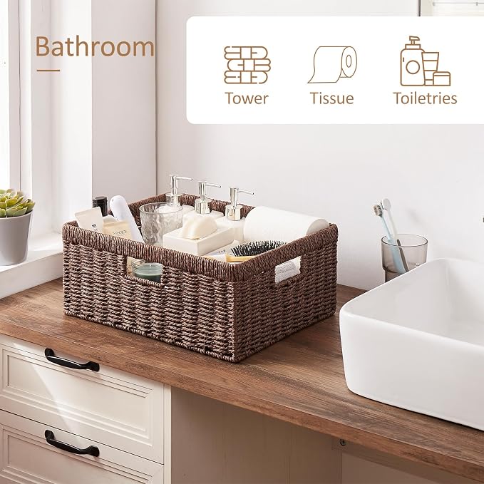 OIAHOMY Wicker Storage Basket, Rectangular Paper Rope Shelf Baskets with Built-in Handles, Woven Decorative Organizer for Pantry, Shelves, Living Room and Bathroom, 1-Pack Brown - Image 6