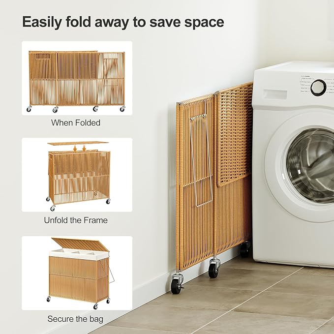 WOWLIVE Laundry Basket 3 Section, Handwoven Laundry Hamper with Wheels | Rolling Clothes Hamper with Lid and Divided Removable Bag, 160L Large Laundry Sorter, Laundry Room Organization, Natural - Image 7