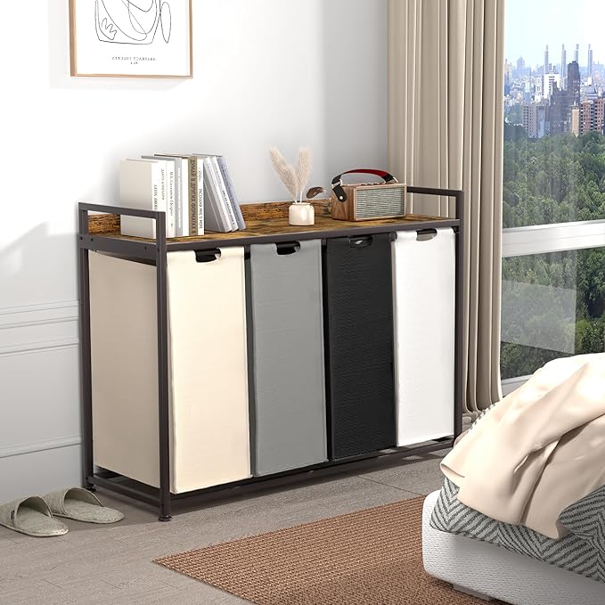 Herture Laundry Hamper with Shelf, Laundry Basket 4 Section, Laundry Sorter with Pull-Out Removable Large 4 Color Bags and Movable Wheels, Metal Frame, 4 x 15.87 Gallons (60L), Rustic Brown PF07XLN - Image 3