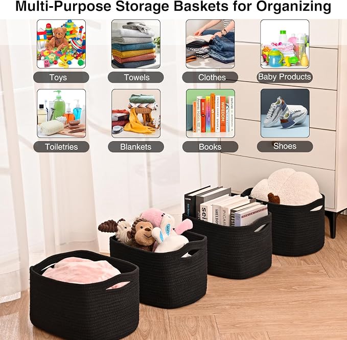 Small Storage Baskets for Organizing Shelves, Cotton Rope Basket for Storage, Cute Rectangular Book Toy Bins, 12.7"×9.1"×7.9", 4 Packs, Black - Image 5