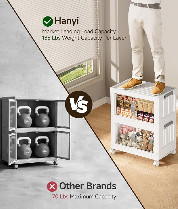 Hanyi 140 QT Stackable Storage Bins with Lids, 4 Tier Collapsible Plastic Storage Cabinet with Magnetic Doors, Removable Top Lid, Locking Wheels, Closet Organizer for Bedroom, Pantry, Office - Image 5