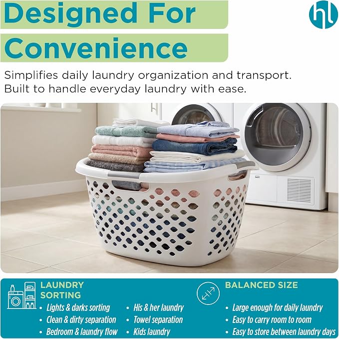 Home Logic 1.75 Bushel Plastic Laundry Basket with Hip Grip, Large Laundry Hamper with Handles, Ventilated Clothes Organizer for Bedroom Bathroom Closet, 4 Pack, White - Image 4