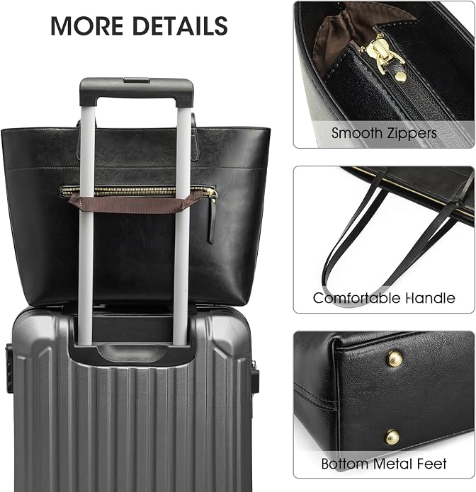 Kattee Vintage Genuine Leather Work Tote for Women | Spacious interior with a zip compartment for organized work, travel, and everyday essentials. - Image 7