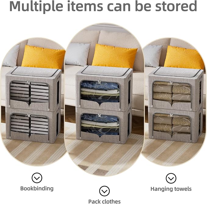 FHSQX 3 Pack Clothes Storage Bins, Light Gray, 16.5x12.2x12.2inch (40L) | Foldable Metal Frame, Stackable, Linen Fabric, Carrying Handles, Clear Window - Image 6