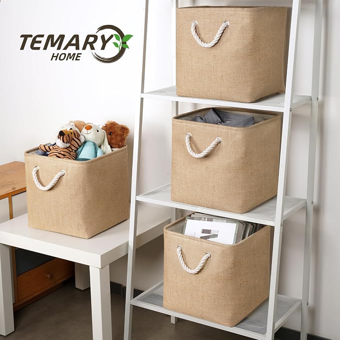 Temary Fabric Baskets 12 Inch Storage Cubes Basket, Clothes Baskets for Shelf, 4 Pack Large Storage Basket with Handles for Organizing Books, Blankets (Linen Yellow) - Image 6