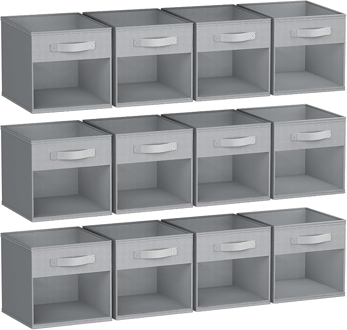 DIMJ Storage Cubes, Cube Oganizer Bin, 12 Pack Foldable Containers with Window, Closet Storage Bins with Handle, 12x 12 inch Storage Boxs for Clothes, Toys, Books (Grey) by DiMJ