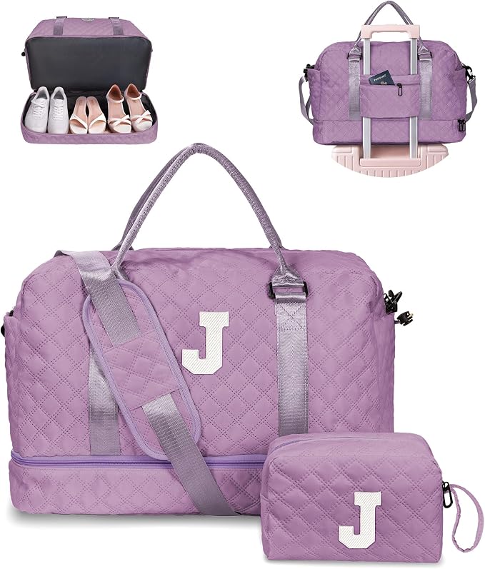 Weekender Bags for Women Travel, Personalized Weekender Bag | Monogram Overnight Bag for Women with Trolley Sleeve & Wet Pocket, Letter Travel Bags with Shoulder Strap (Letter J) by Vogewood
