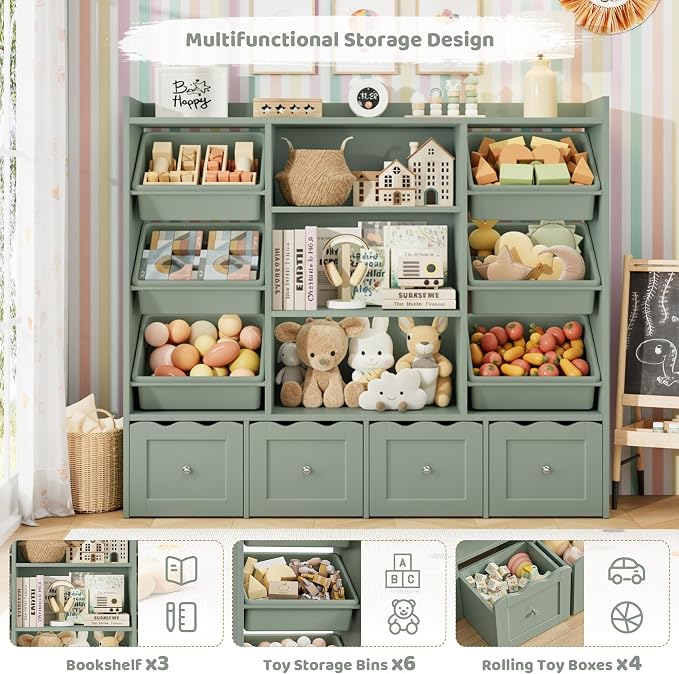 HITHOS 55" W Kids Toy Storage Organizer with 10 Toy Box & Book Shelf, Green | Large Toy Organizers and Storage with Kids Bookshelf & 6 Plastic Toy Chests & 4 Movable Drawers for Kids Room, Playroom - Image 6