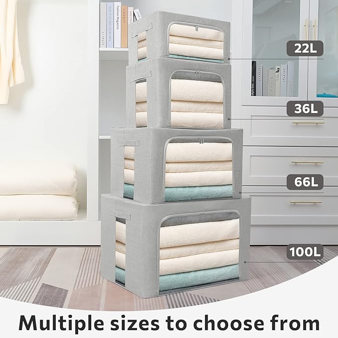 FHSQX 2 Pack Clothes Storage Bins Stackable Metal Frame Storage Box Large Capacity Foldable Linen Fabric Box Organizer with Carrying Handles and Clear Window (Light Gray, 19.7x 15.7x 12.6 Inch) - Image 7