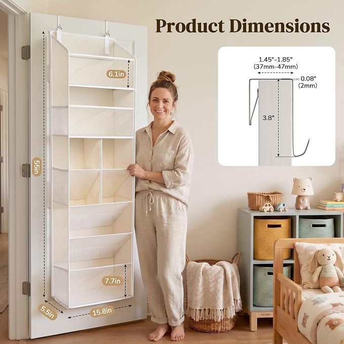 6-in-1 Over Door Hanging Organizer with 12 Mesh Pockets, 44 lbs Capacity, Warm Beige – Versatile Behind Door Storage for Baby Nursery, Newborn Essentials, Bedroom, Bathroom & Dorm - Image 3