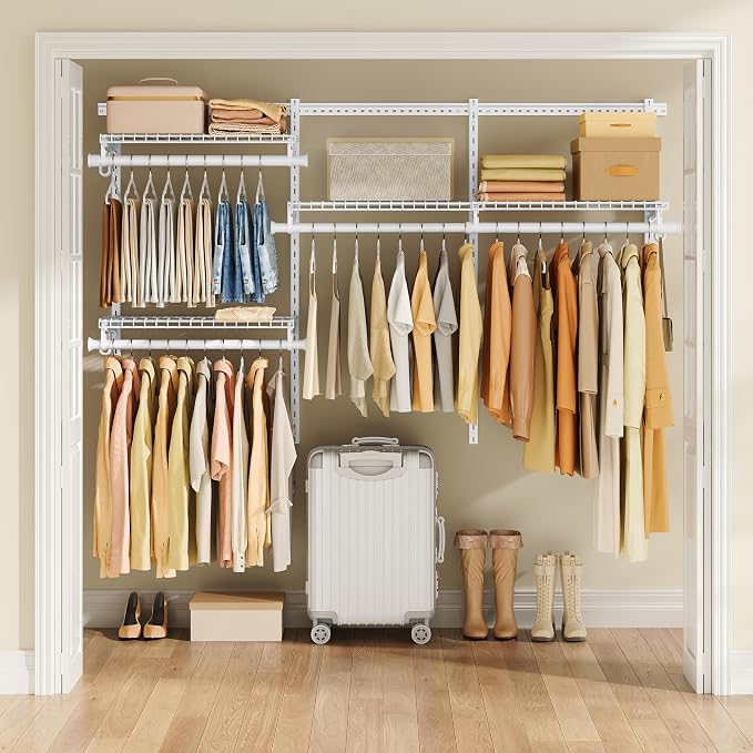 SONGMICS HOME Closet System, Closet Insert Organizer, 3-6 ft Closet Shelves | Adjustable Metal Shelving Unit, 2 Hanging Rods, 4 Shelves, Hooks, Pearl White and Cloud White, PATRIA Collection URGR031W01 - Image 7