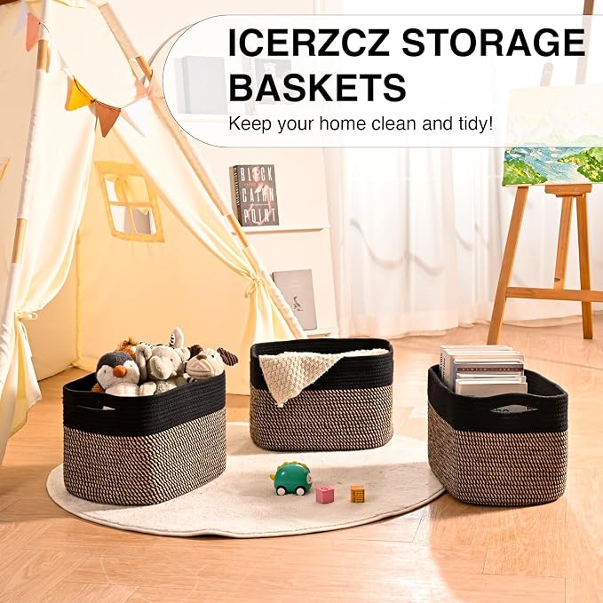 ICERZCZ Storage Baskets for Organizing Shelves, Toy Basket for Kid's Room, Woven Cotton Rope Basket for Decor, Organizing Baskets for Bedroom Living Room, 15"x11"x9.5", 3 Packs, Black & Jute - Image 6
