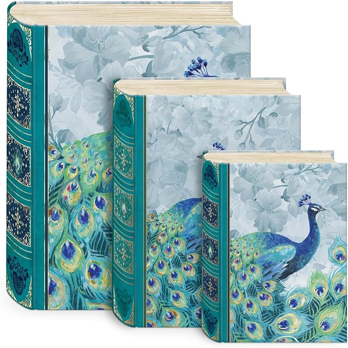 Punch Studio Decorative Storage Boxes with Lids | Nested Book Style Set of 3 Coated Cardboard Keepsake Box for Photos Documents Gifts Home Organization, 11” x 13.5” – Emerald Peacock by PunchStudio