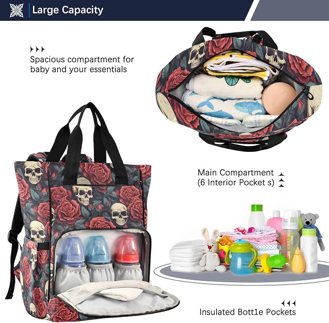 MNSRUU Diaper Bag Red Rose Skull Diaper Bag Backpack Multifunction Travel Diaper Bag Tote Large Capacity Diaper Changing Backpacks for Moms Dads - Image 5