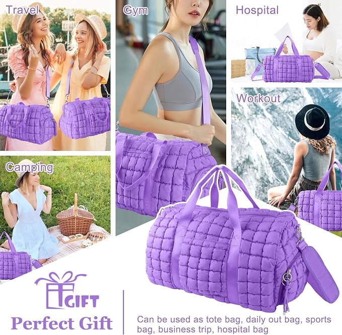 Quilted Travel Duffle Bag Gym Bag for Women,Large Puffer Duffle Weekender Bag with Compartment,Workout Overnight Carry on Organizer Bag Duffle Bag for Airplane Travel(L-Purple) - Image 4