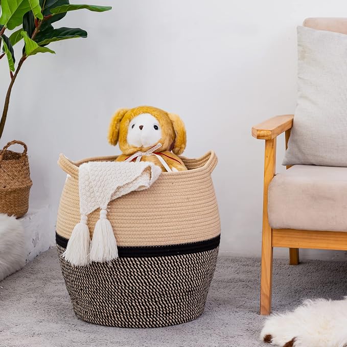 KAKAMAY Woven Baskets for Storage(17"x17"),Large Cotton Rope Woven Baby Laundry Hamper,Collapsible Laundry Basket, Blanket Basket for Organizing Living Room,Nursery,Clothes,Toy chest (Black) - Image 6
