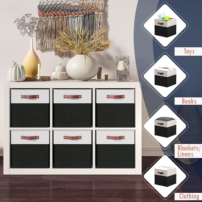 Ornavo Home 13x13 Foldable Fabric Storage Cube Bins, 6 Pack, White/Black | Collapsible Linen Shelf Basket Organizer; Leather Handles; Ideal Cube Storage For Closet - Image 3