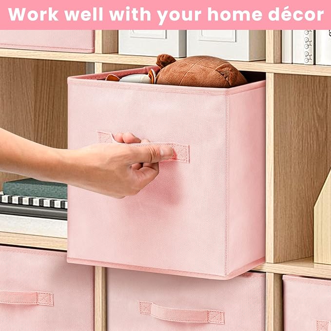 Storage Cubes - 11 Inch Heavy Duty Fabric Storage Bins for Shelves Closet, Cube Organizer - 8 Pack Collapsible Cube Storage Bins Baskets for Organizing Clothes Blankets Toys (Pink) - Image 5