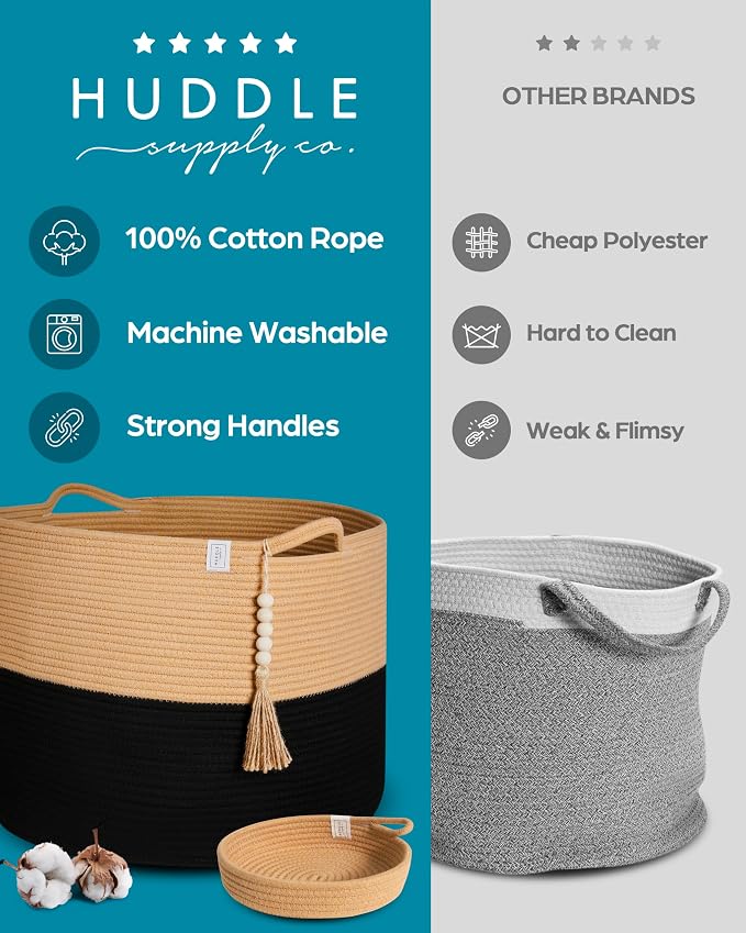 Huddle XXXXL WASHABLE Jumbo 125L Blanket Basket for Living Room, Toys, Baby | Woven Decorative Cotton Rope Black Jute Big Basket+Mini Basket for Nursery, Dog Toys, Storage, Organization Bins 24x17in - Image 3