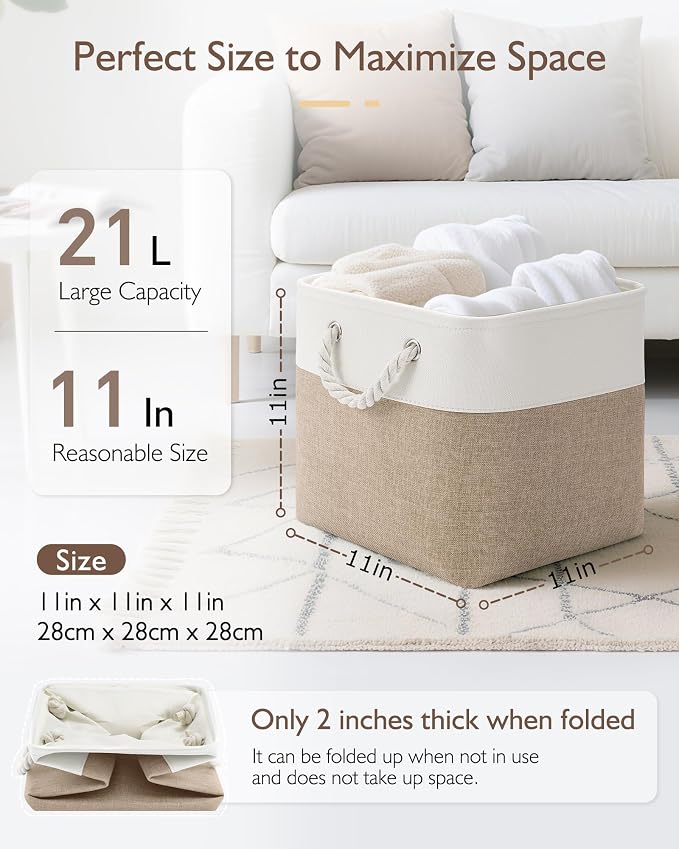 Patvingot 11-Inch Fabric Cube Storage Bins with Handles,6 Pack,Foldable | For cube shelves and closets,keeps grouped for everyday access,reinforced opening and fold-flat storage,white and khaki - Image 2