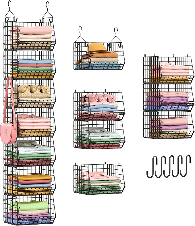X-cosrack 7 Tier Foldable Hanging Closet Organizer and Storage,Wire Closet Shelving with 4 Large Hooks+ 5 S Hooks,Hanging Basket for Clothes Sweaters Shoes Handbags,Small Closet Organizers by X-cosrack