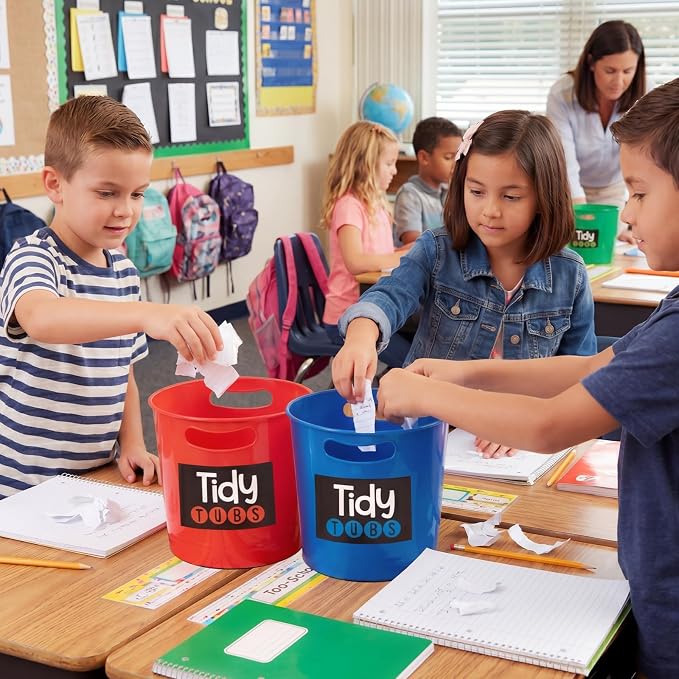 meekoo 6 Pcs Tidy Tubs Classroom Trash Bins with Self-Adhesive Labels, Colorful Plastic Bucket Sorting Bins for Crafts, Sorting, Centerpiece, Pencil Holder 9.45 x 7.68 x 8.46 Inch for School - Image 2