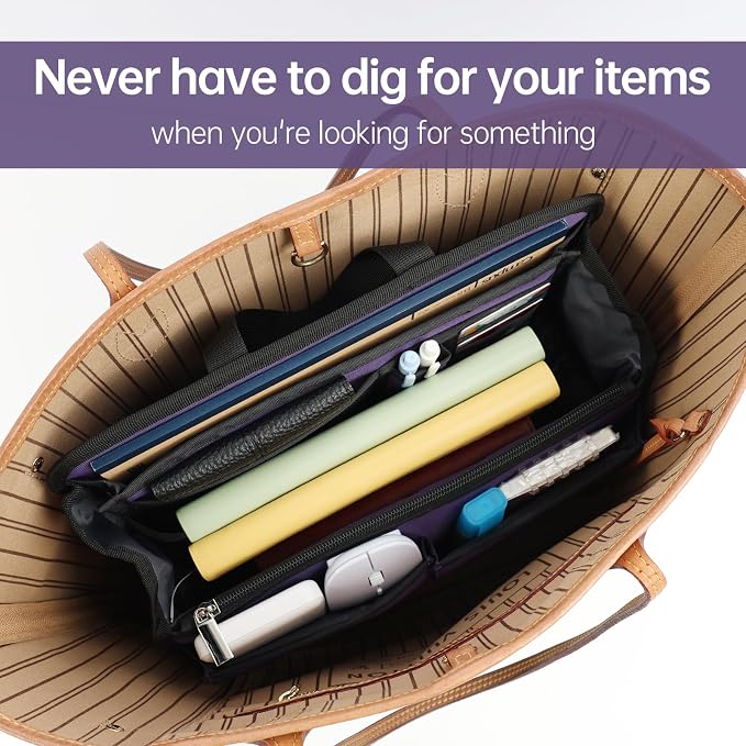 Small Rugged Organizer Insert for Briefcase Tote Shoulder Messenger Bag-19 Pockets,Padded Water-repellent Nylon-Purple - Image 2